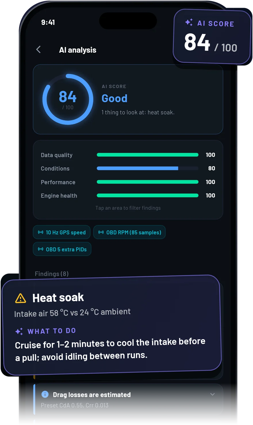 UstaDyno AI analysis with a score of 84 and a heat soak finding