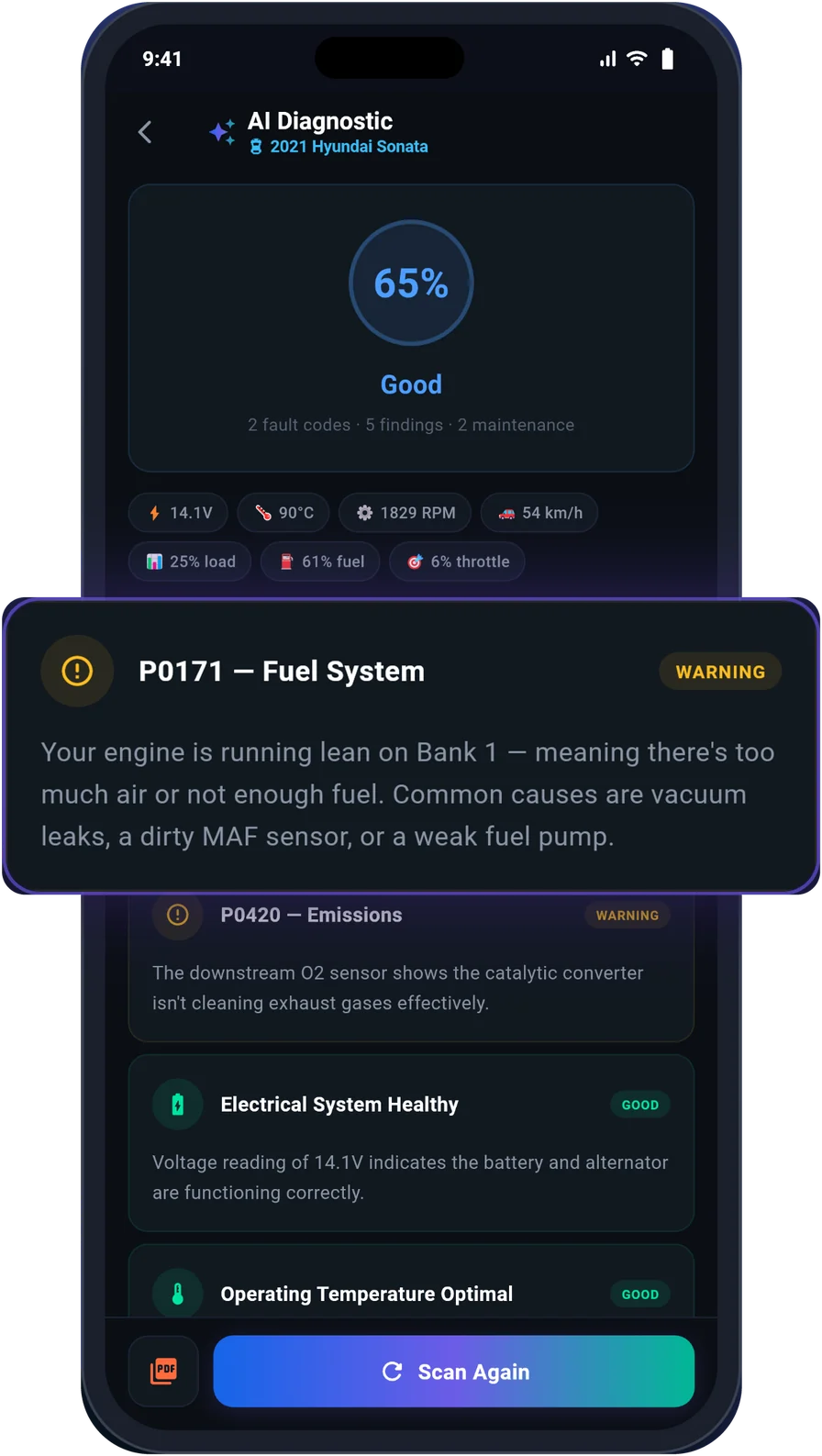 UstaScan AI diagnostic screen with a health score and a fuel system finding