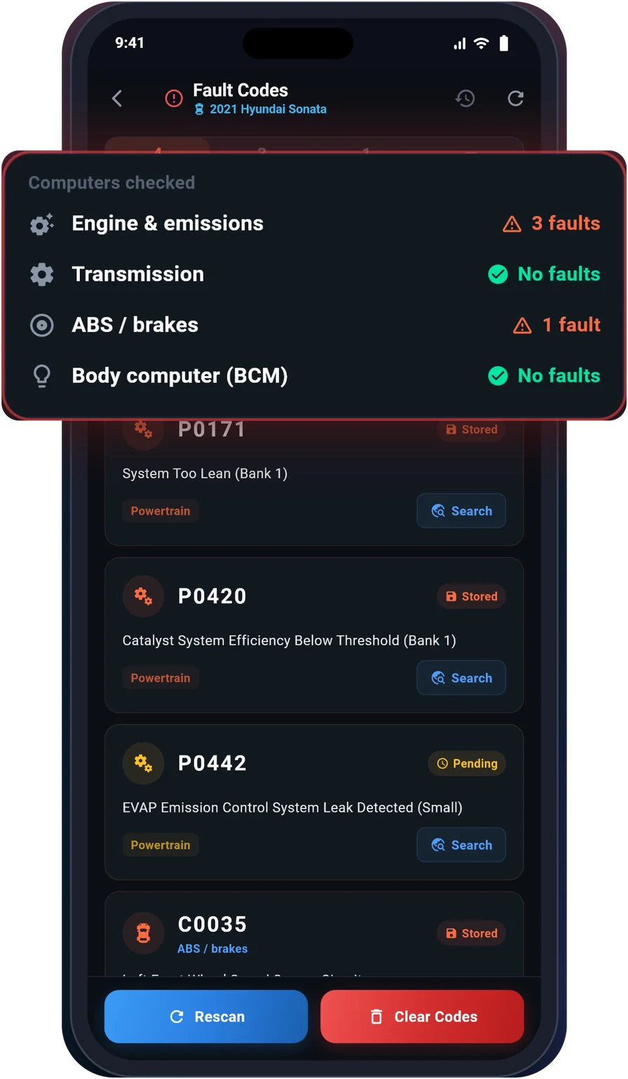UstaScan fault codes screen listing engine and ABS faults