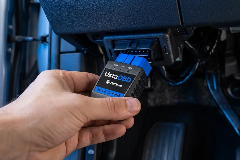 자동차 대시보드 아래 OBD2 포트에 UstaOBD를 꽂는 손